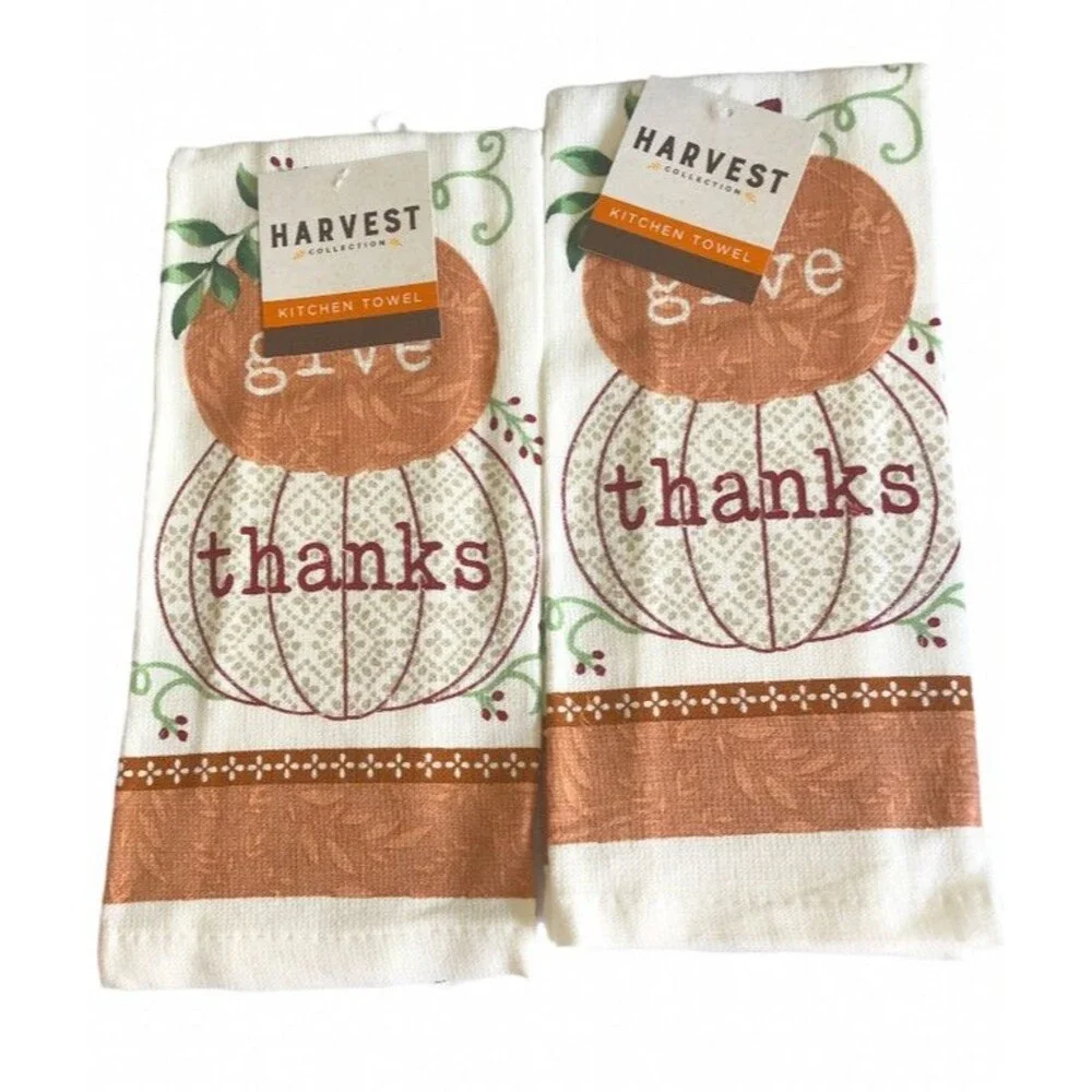 Thanksgiving Dish Towels Potholder Oven Mitt Pumpkins Give Thanks Set of 4